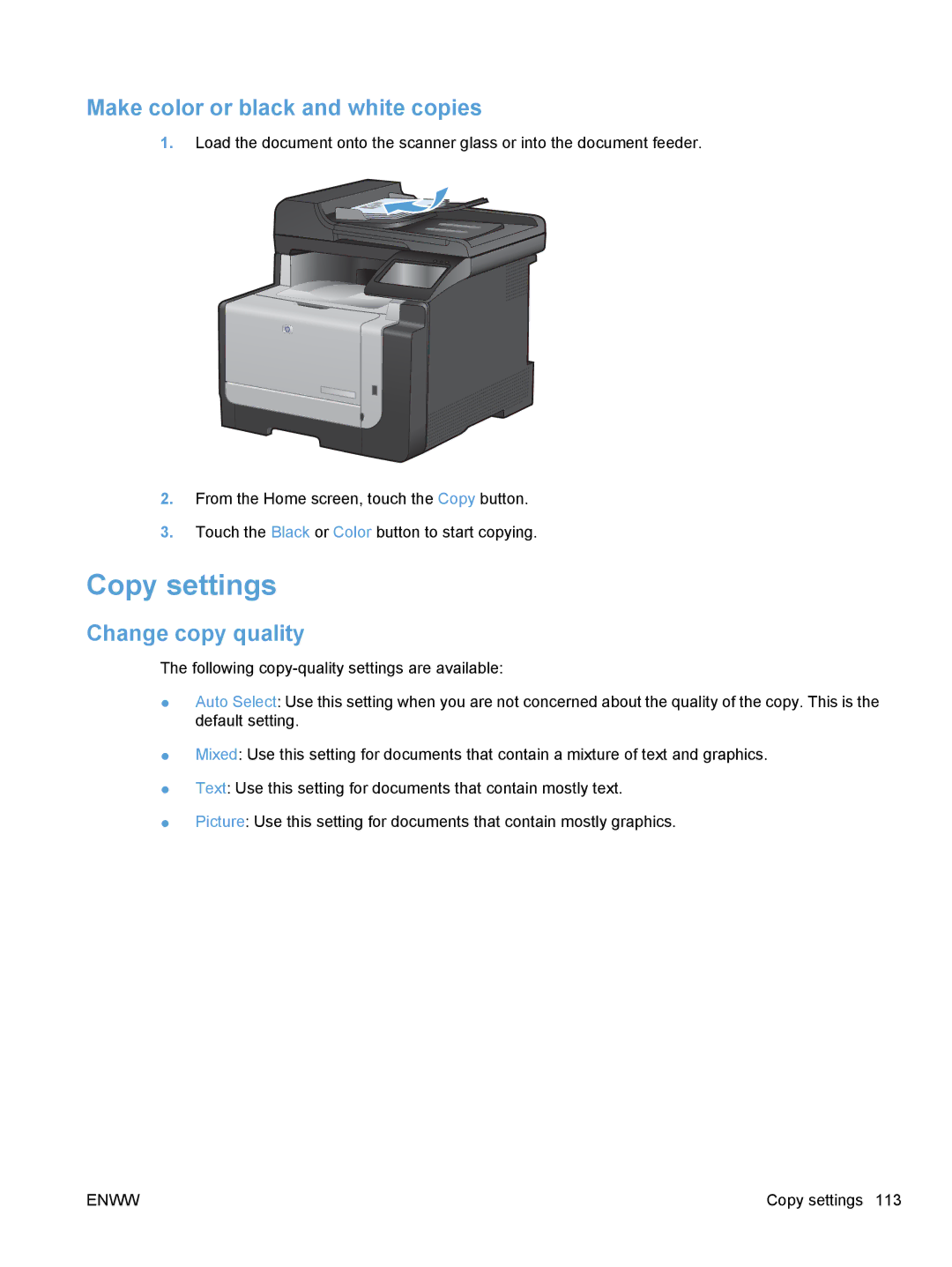 HP CE862A, CM1410 manual Copy settings, Make color or black and white copies, Change copy quality 