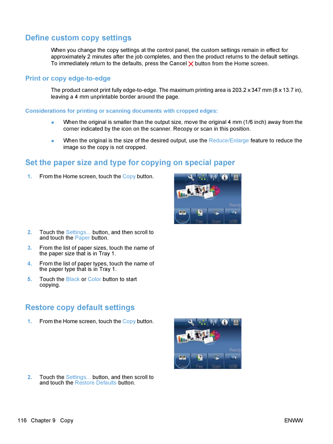 HP CM1410, CE862A manual Define custom copy settings, Set the paper size and type for copying on special paper 