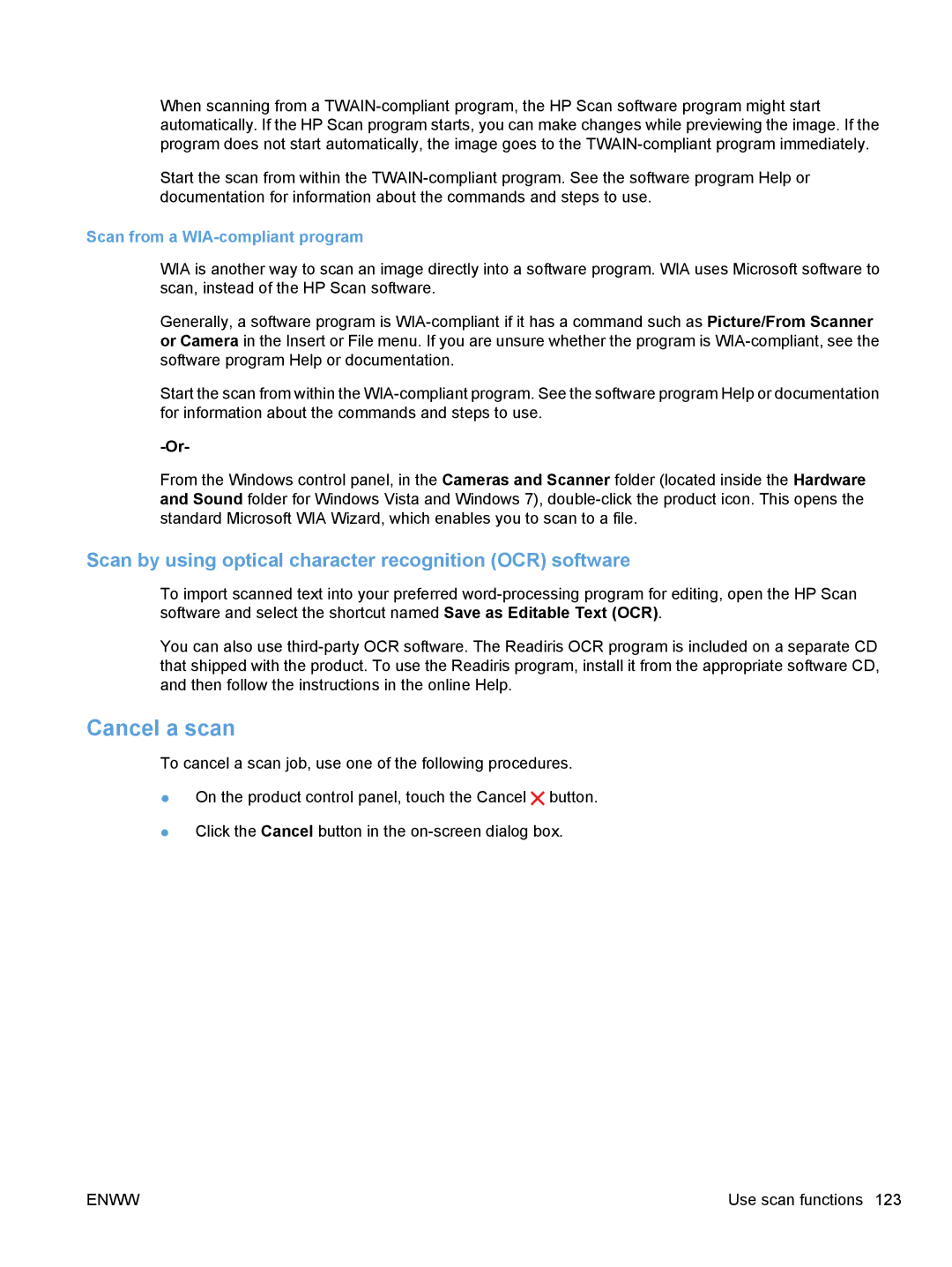 HP CE862A manual Cancel a scan, Scan by using optical character recognition OCR software, Scan from a WIA-compliant program 