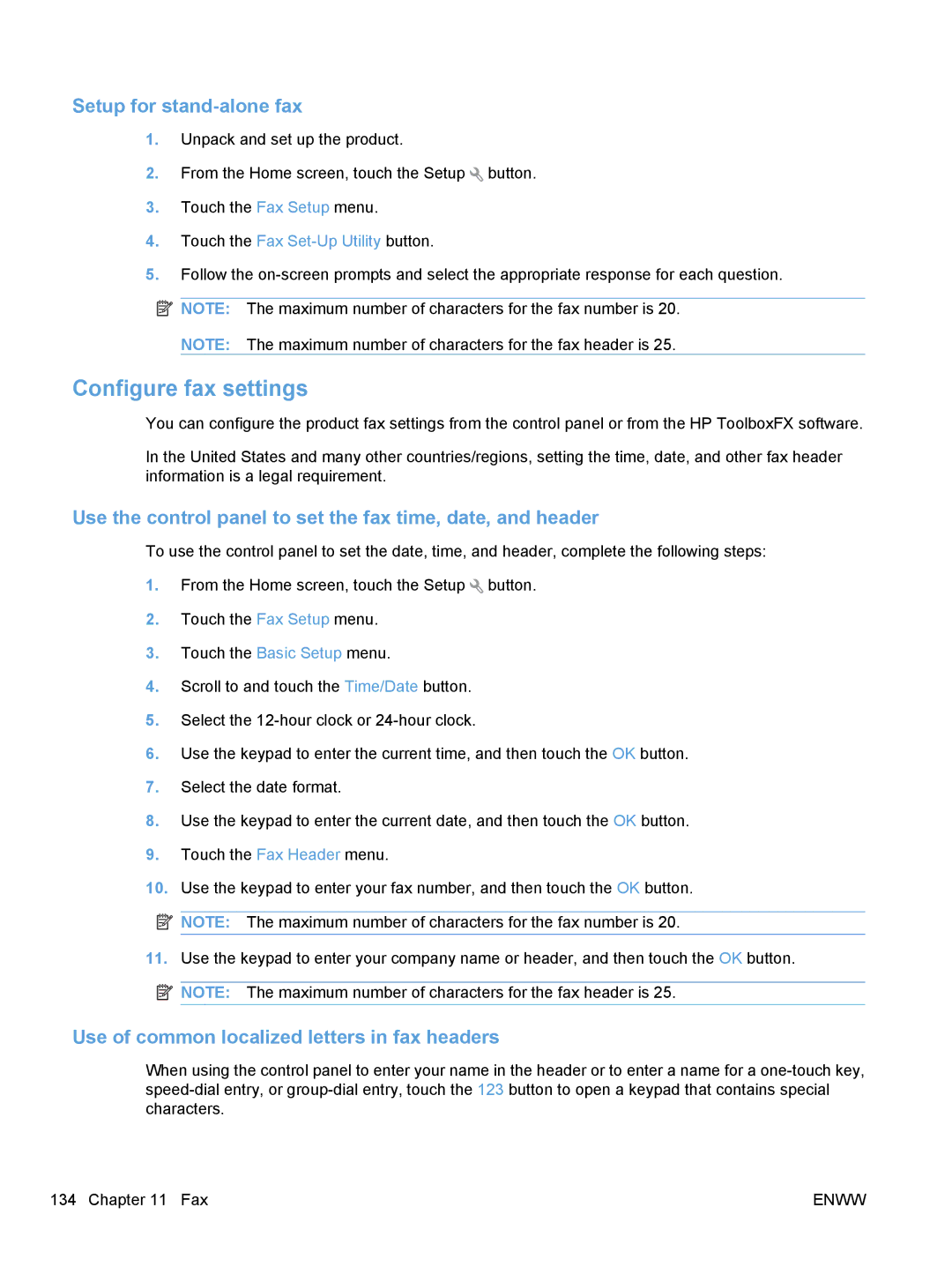 HP CM1410 Configure fax settings, Setup for stand-alone fax, Use the control panel to set the fax time, date, and header 