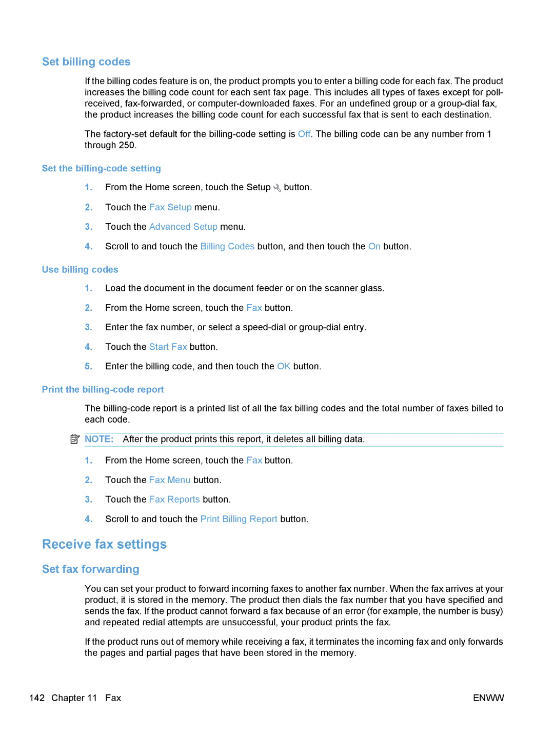 HP CM1410, CE862A manual Receive fax settings, Set billing codes, Set fax forwarding 