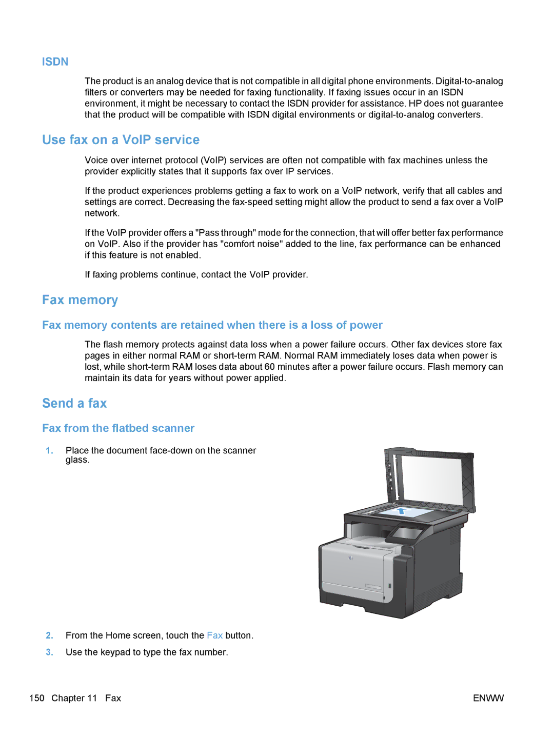 HP CM1410, CE862A manual Use fax on a VoIP service, Fax memory, Send a fax, Fax from the flatbed scanner 