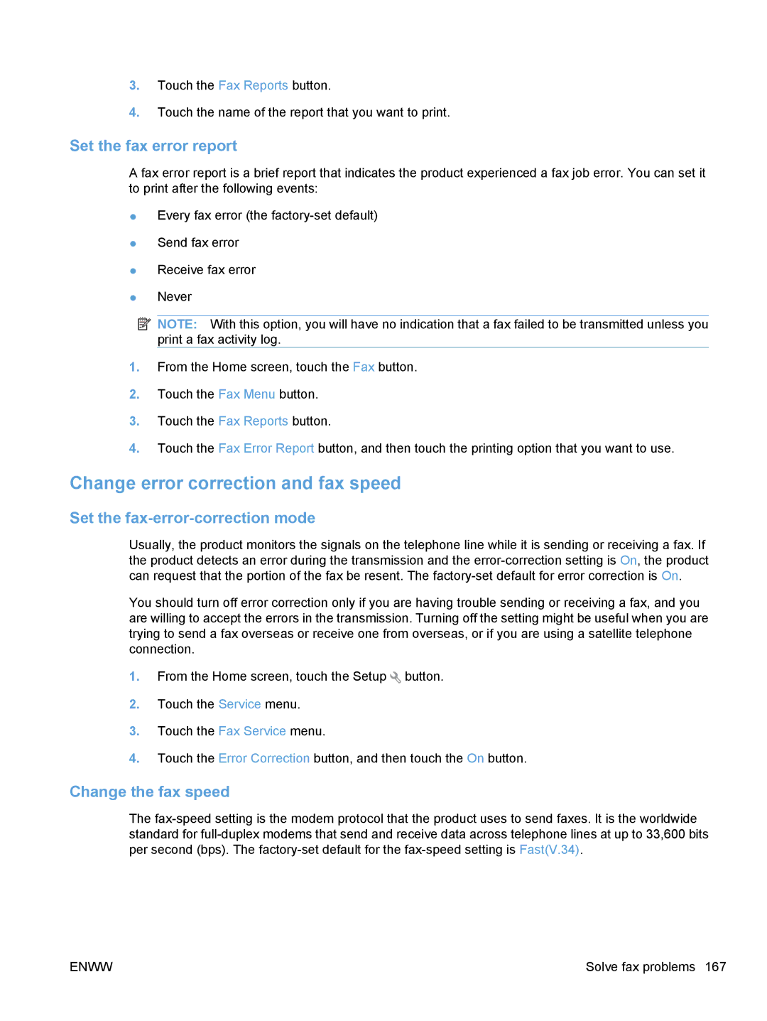 HP CE862A, CM1410 manual Change error correction and fax speed, Set the fax error report, Set the fax-error-correction mode 