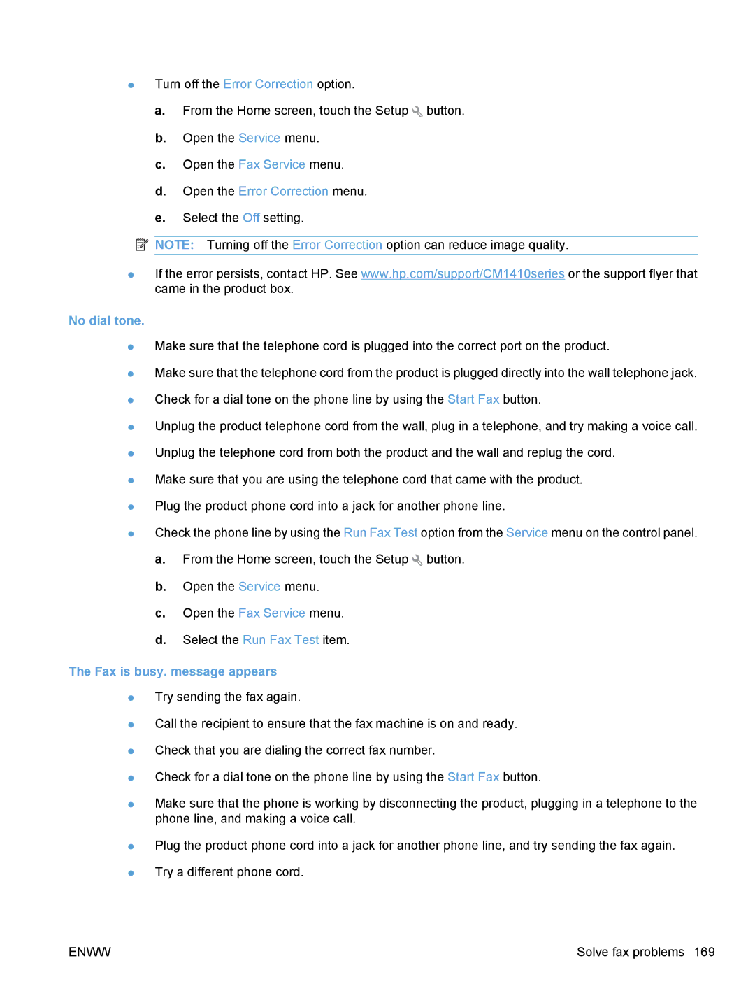 HP CE862A, CM1410 manual No dial tone, Fax is busy. message appears 