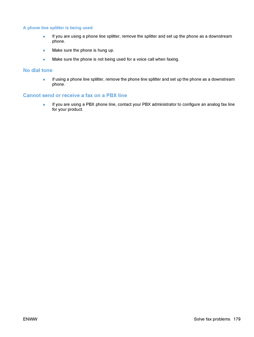 HP CE862A, CM1410 manual No dial tone, Cannot send or receive a fax on a PBX line, Phone line splitter is being used 