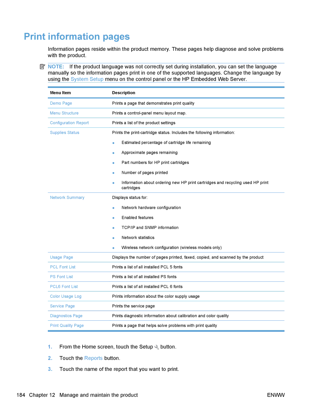 HP CM1410, CE862A manual Print information pages, Menu Item Description 