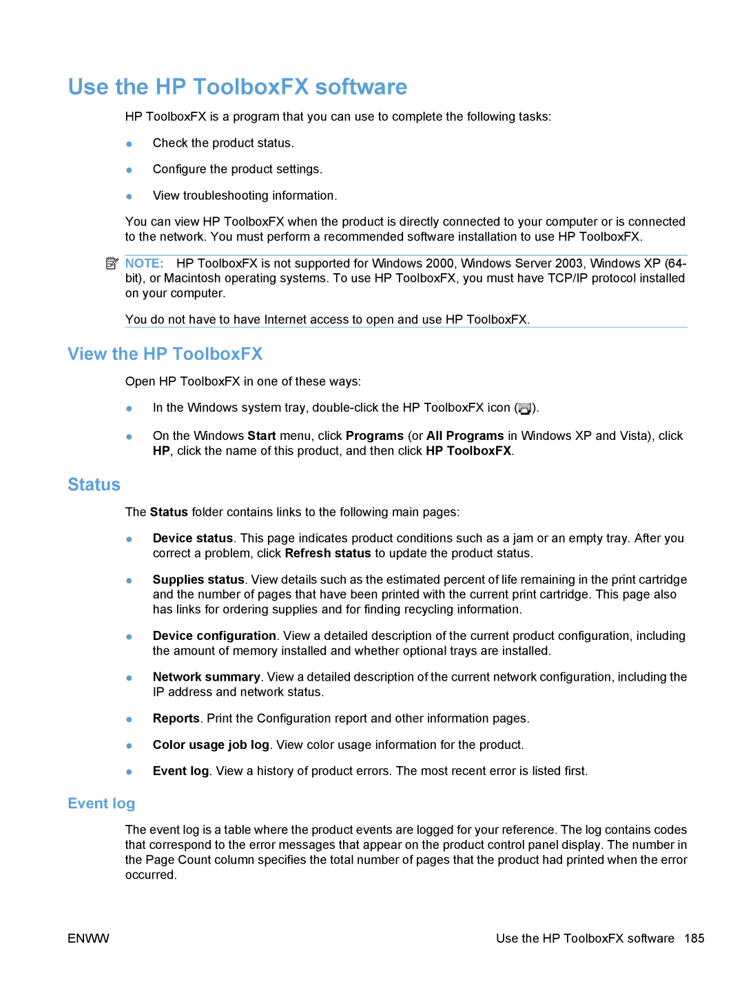 HP CE862A, CM1410 manual Use the HP ToolboxFX software, View the HP ToolboxFX, Status, Event log 