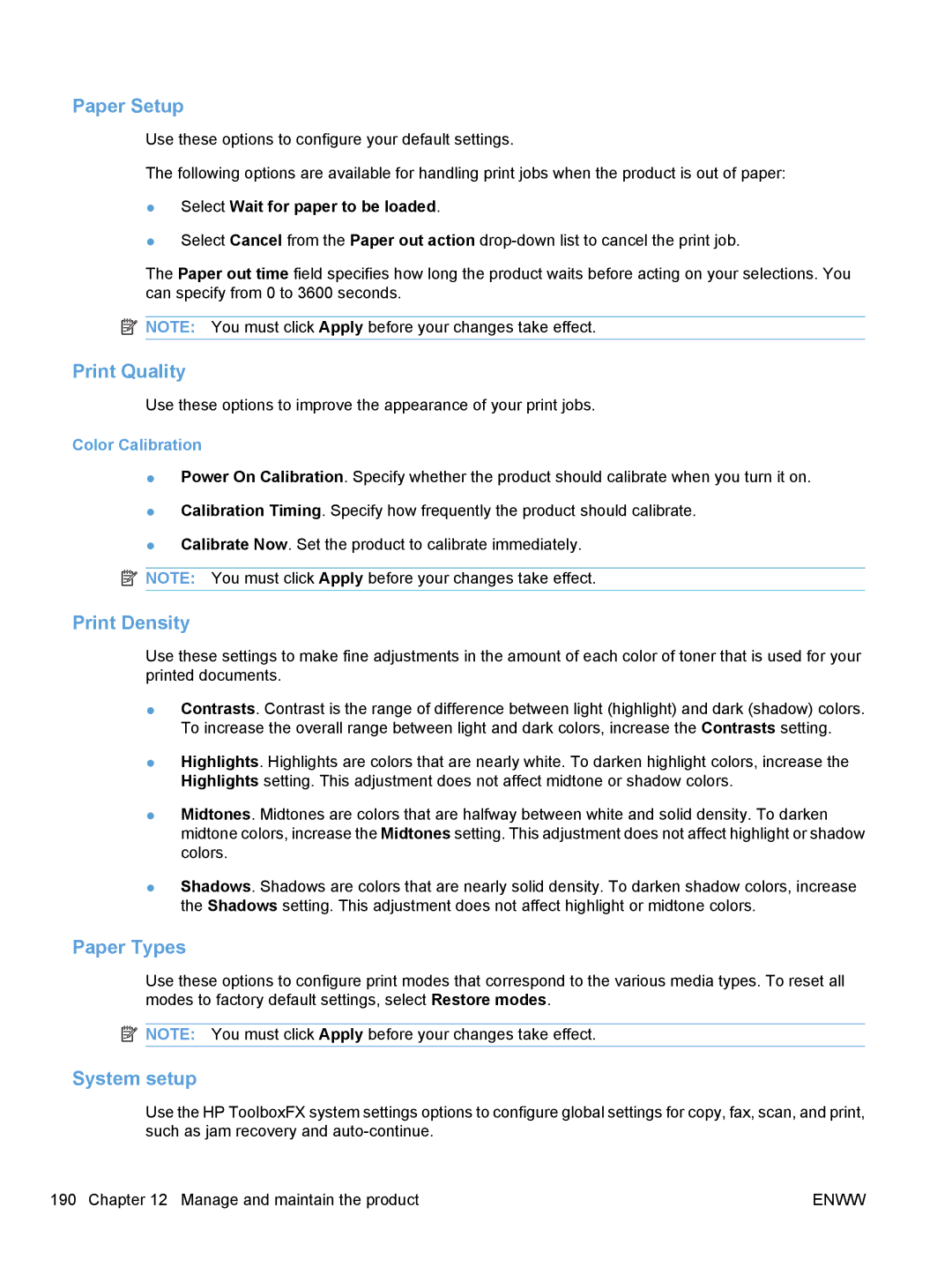 HP CM1410, CE862A manual Paper Setup, Print Quality, Print Density, Paper Types, System setup 