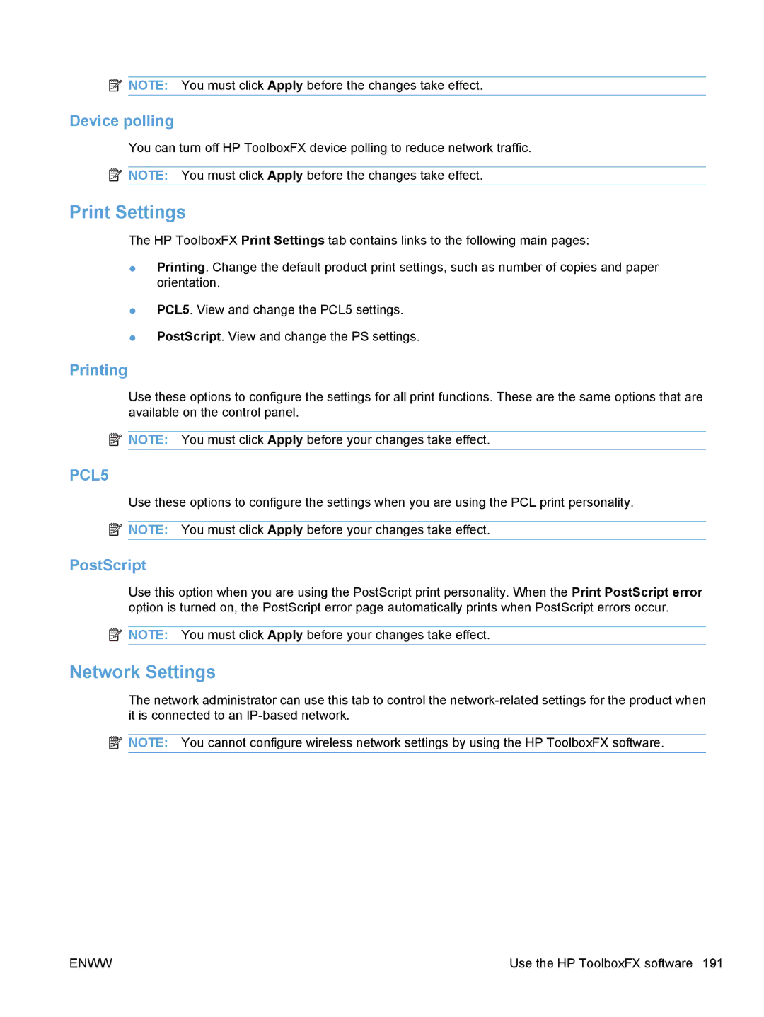 HP CE862A, CM1410 manual Print Settings, Network Settings, Device polling, Printing, PostScript 