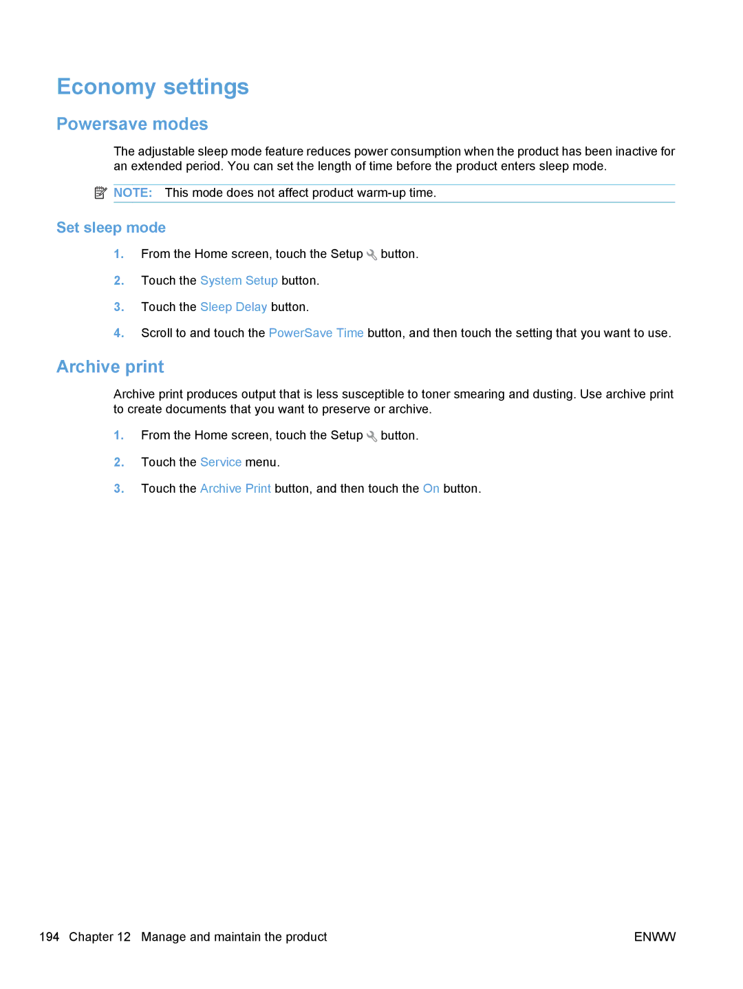 HP CM1410, CE862A manual Economy settings, Powersave modes, Archive print, Set sleep mode 