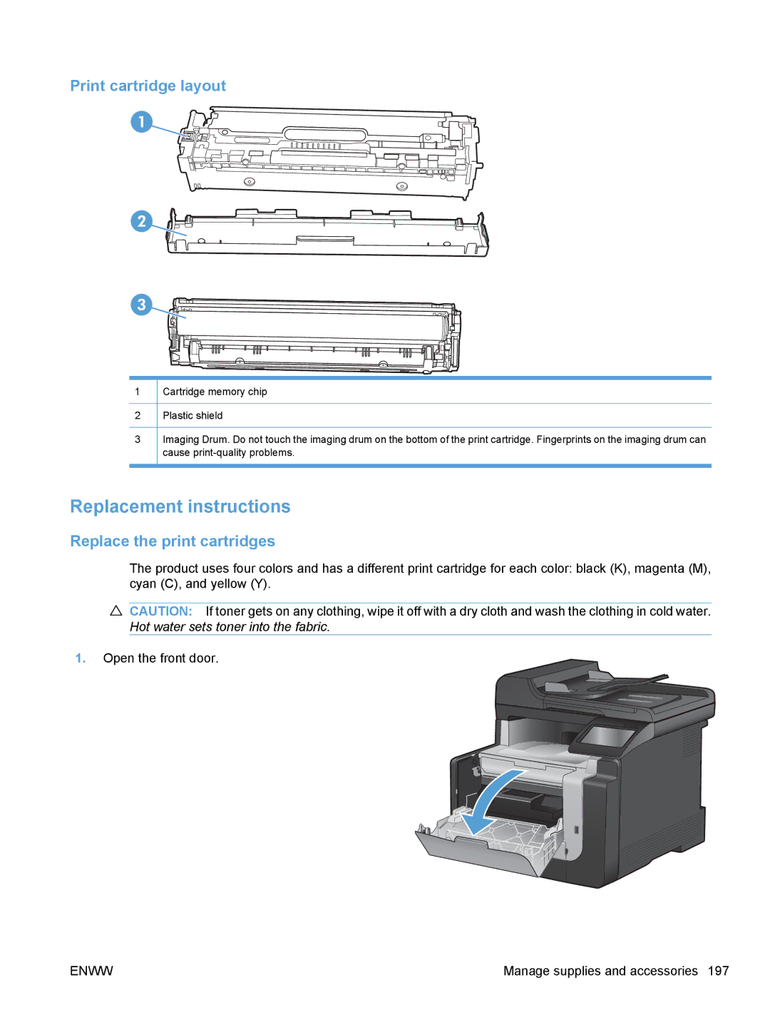 HP CE862A, CM1410 manual Replacement instructions, Print cartridge layout, Replace the print cartridges 