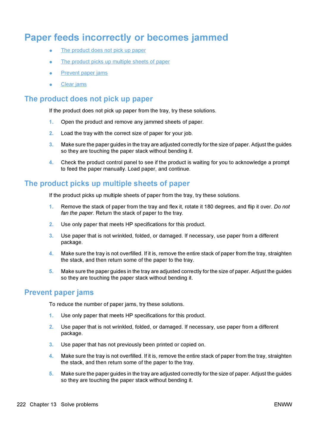 HP CM1410, CE862A manual Paper feeds incorrectly or becomes jammed, Product does not pick up paper, Prevent paper jams 