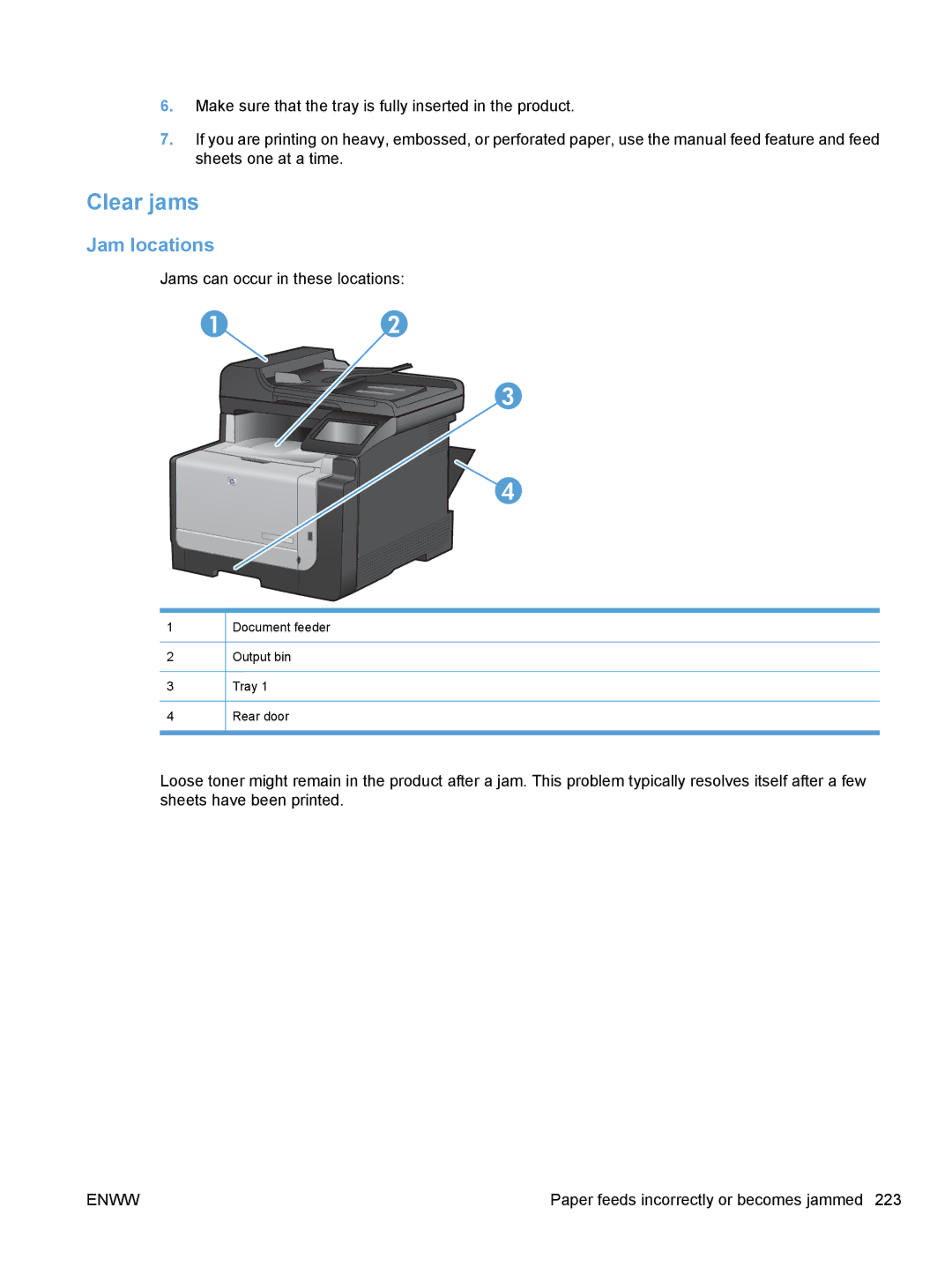 HP CE862A, CM1410 manual Clear jams, Jam locations 