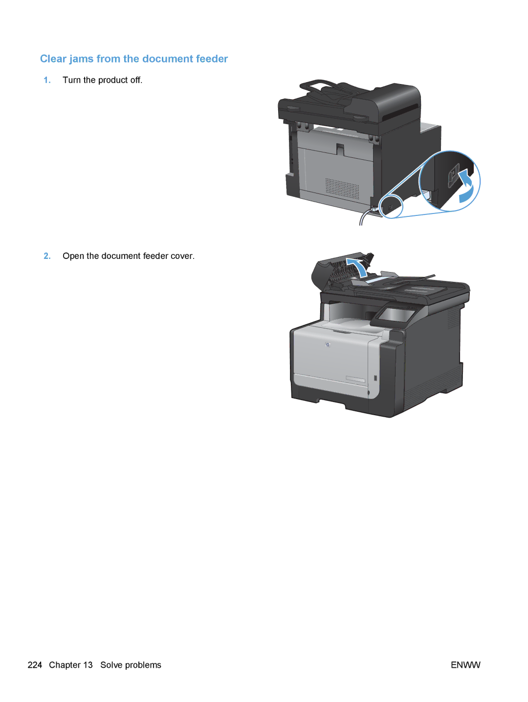 HP CM1410, CE862A manual Clear jams from the document feeder 