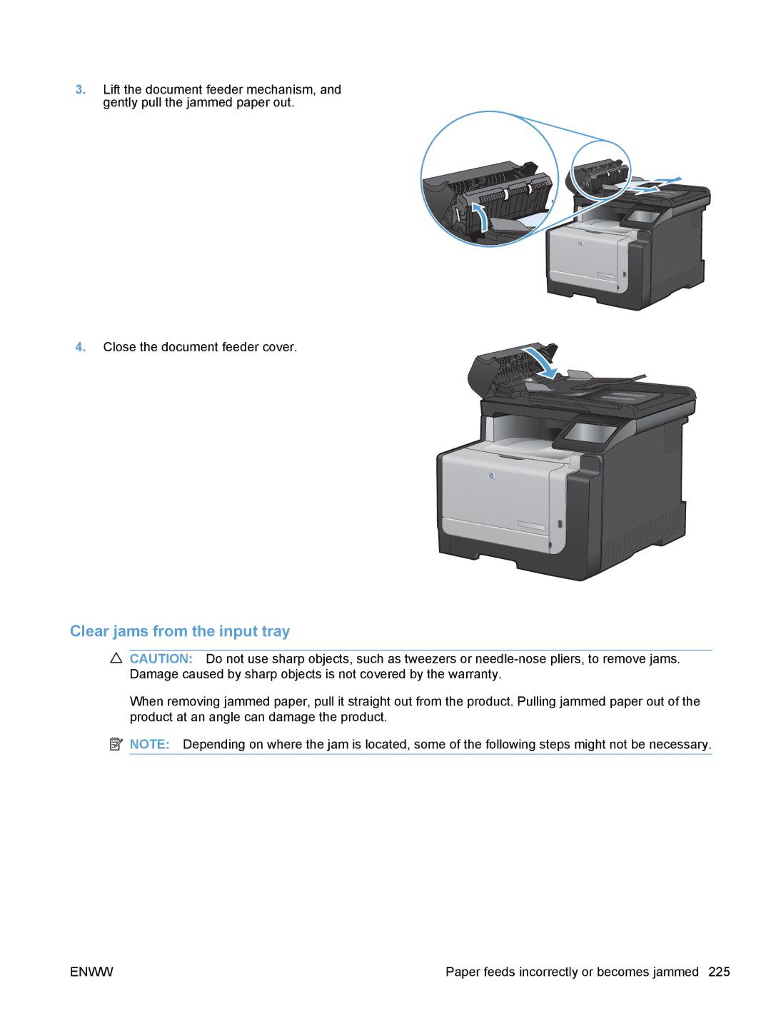 HP CE862A, CM1410 manual Clear jams from the input tray 