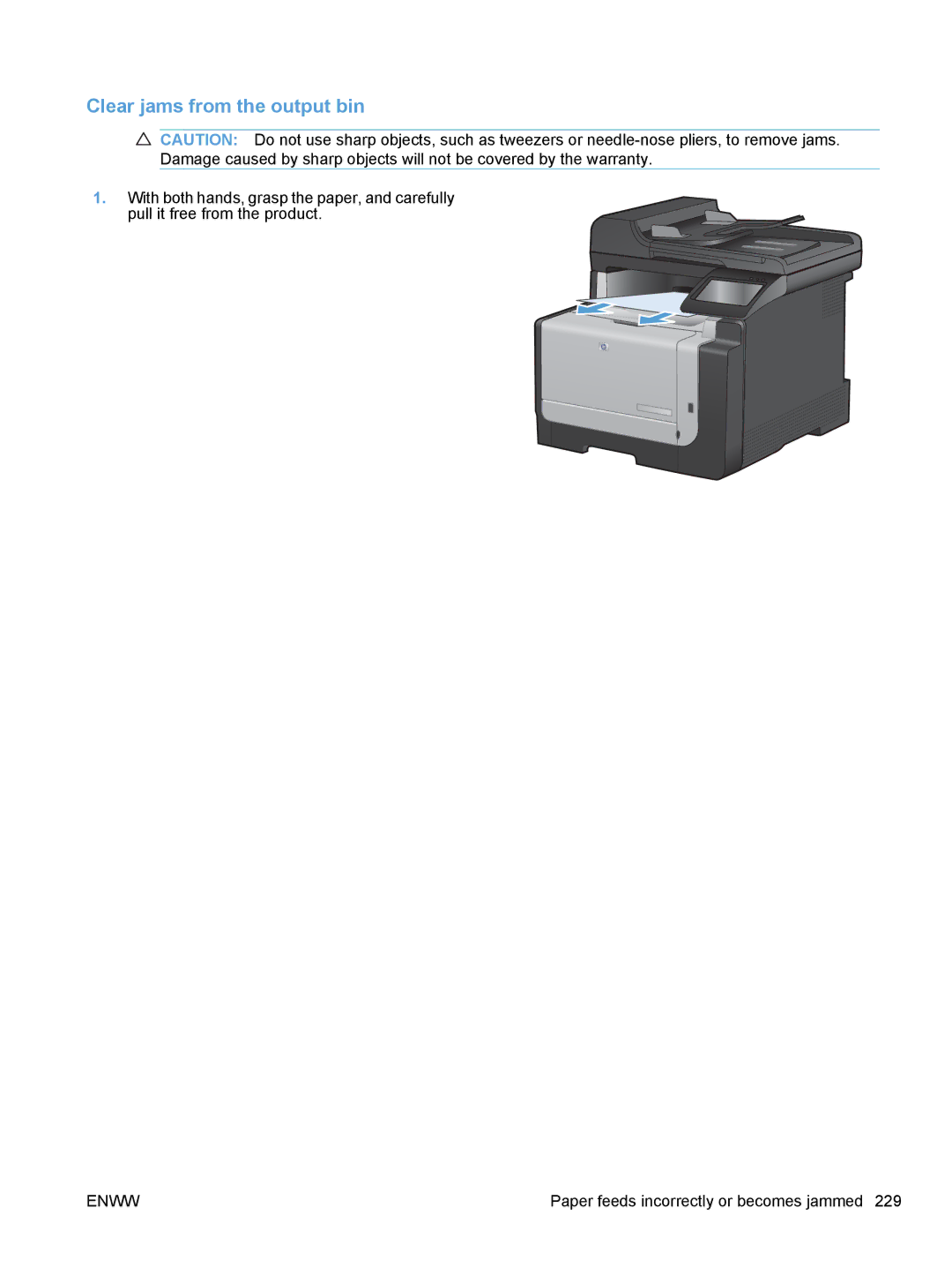 HP CE862A, CM1410 manual Clear jams from the output bin 