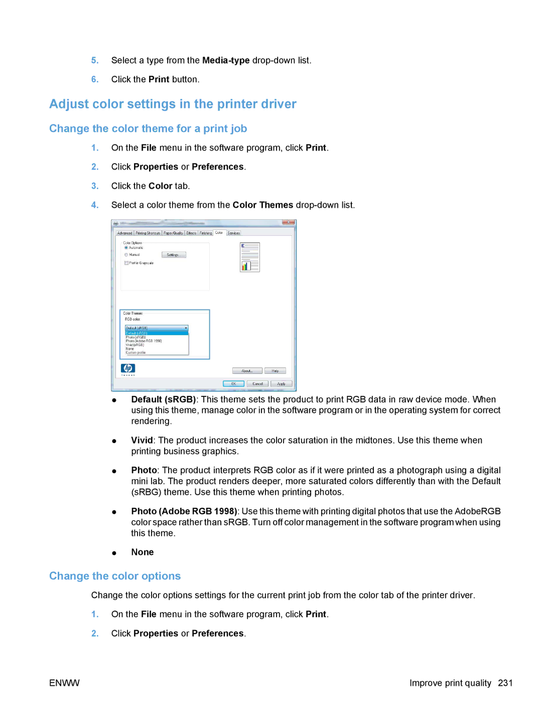 HP CE862A Adjust color settings in the printer driver, Change the color theme for a print job, Change the color options 