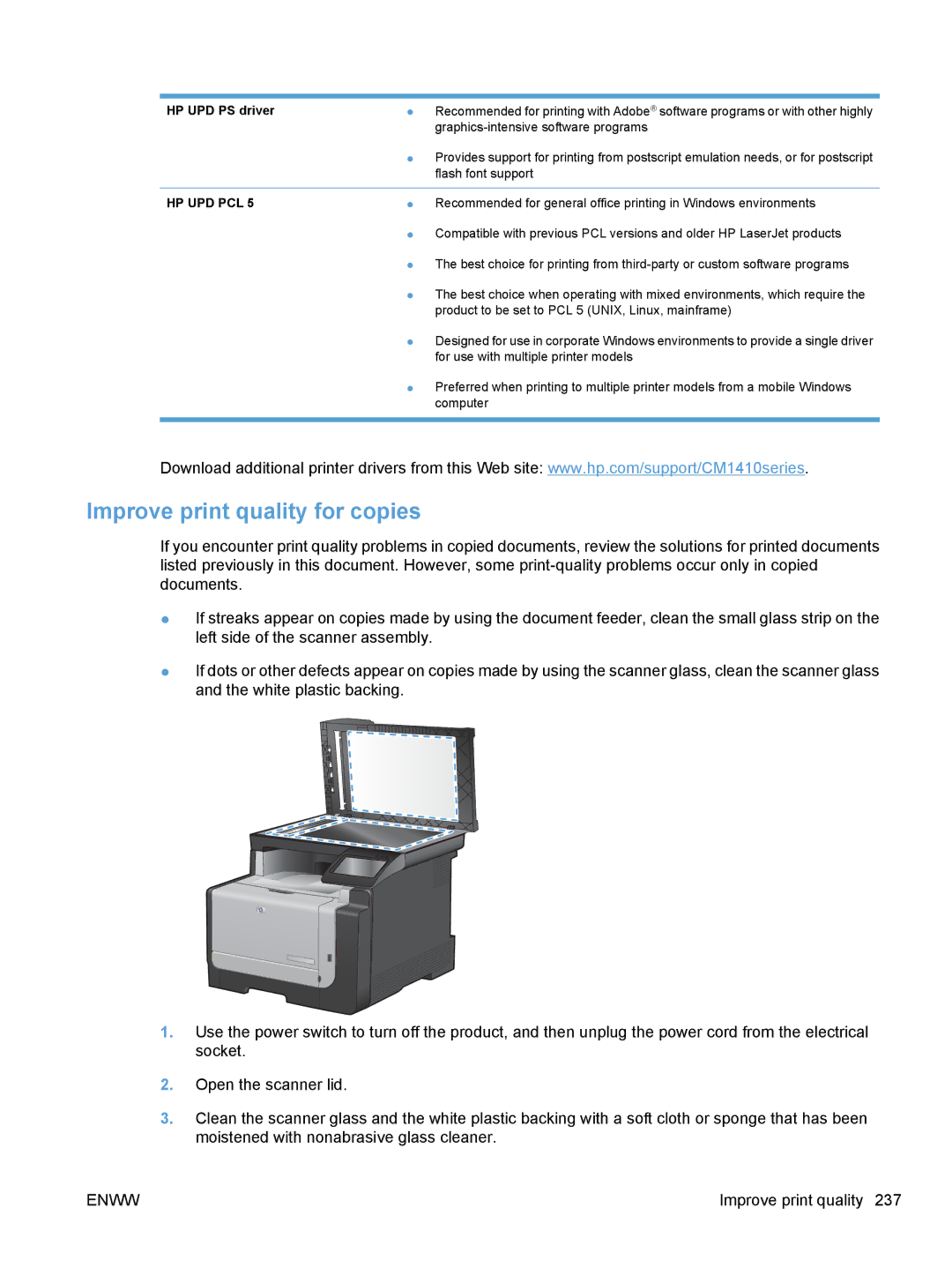 HP CE862A, CM1410 manual Improve print quality for copies, HP UPD PS driver 