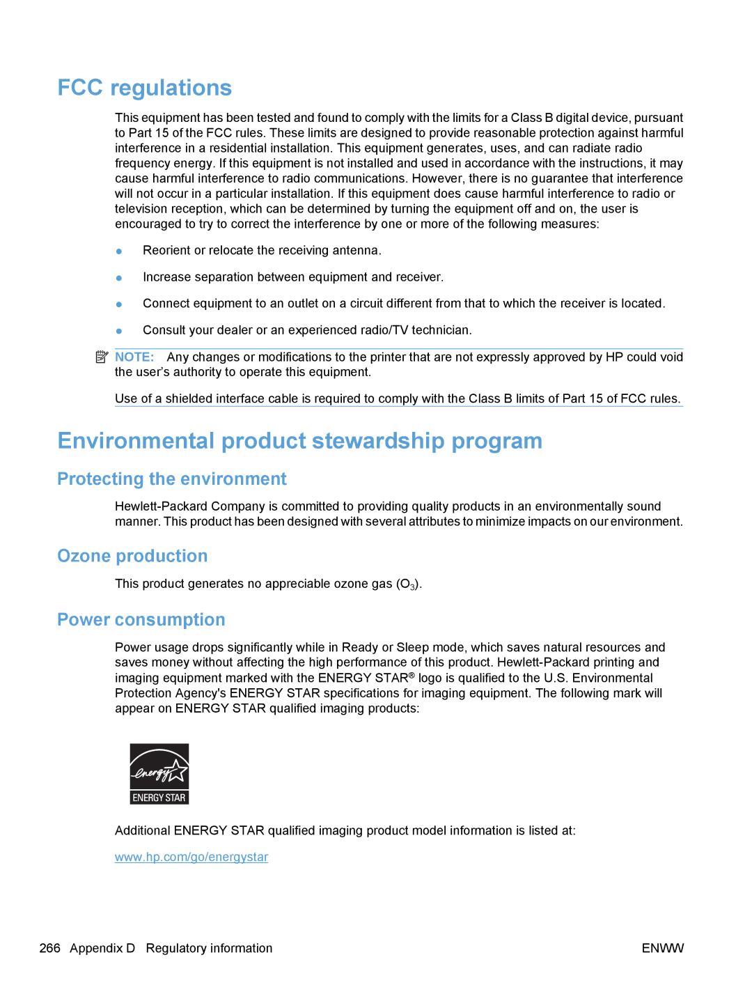 HP CM1410, CE862A FCC regulations, Environmental product stewardship program, Protecting the environment, Ozone production 