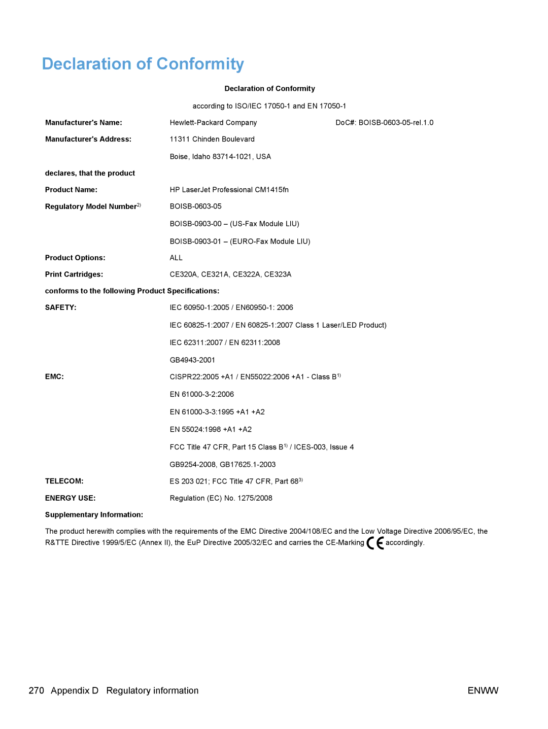 HP CM1410, CE862A manual Declaration of Conformity, Supplementary Information 