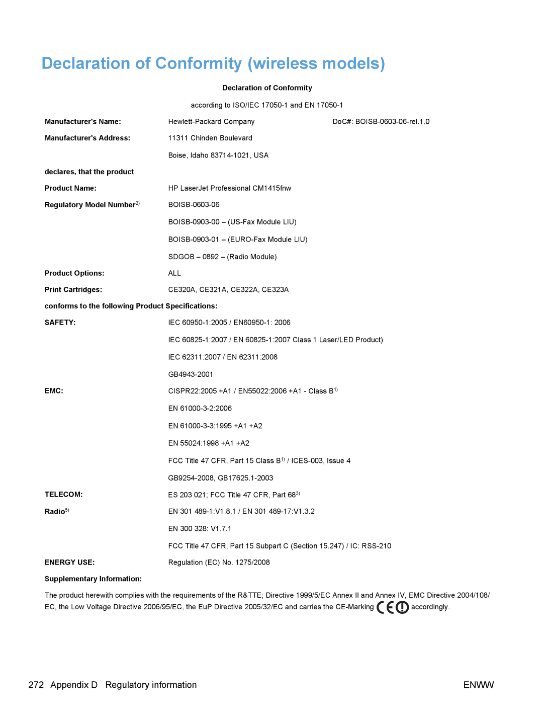 HP CM1410, CE862A manual Regulatory information 