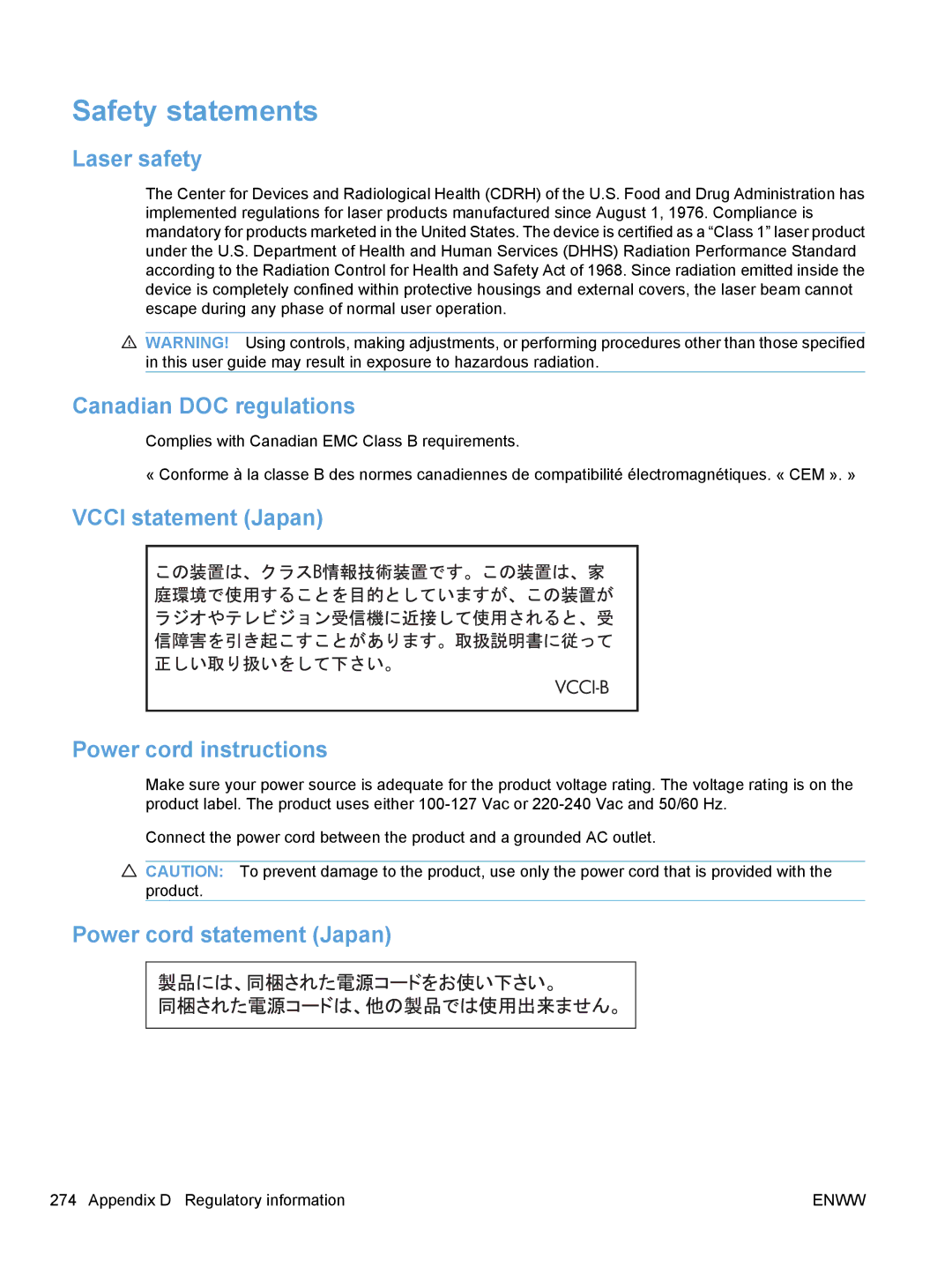 HP CM1410, CE862A Safety statements, Laser safety, Canadian DOC regulations, Vcci statement Japan Power cord instructions 