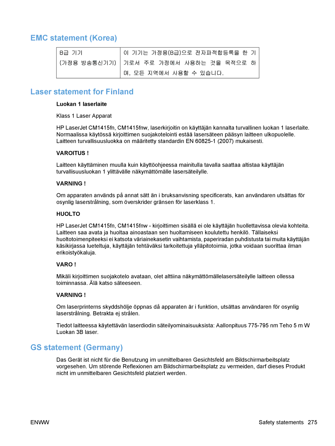 HP CE862A, CM1410 manual EMC statement Korea Laser statement for Finland, GS statement Germany 