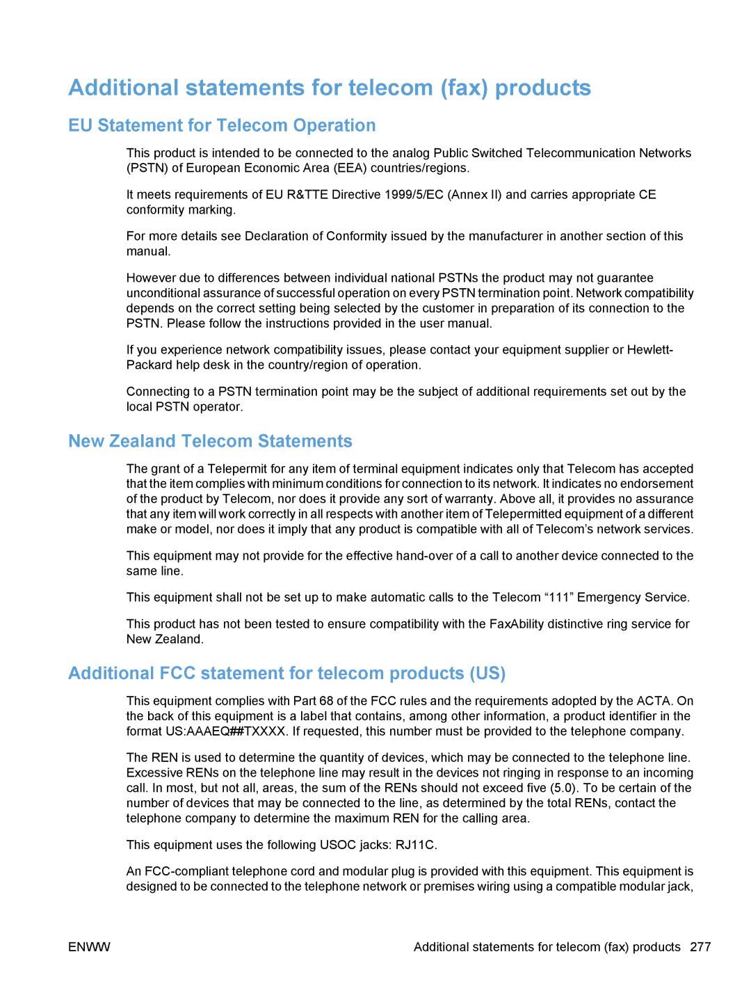 HP CE862A, CM1410 manual Additional statements for telecom fax products, EU Statement for Telecom Operation 