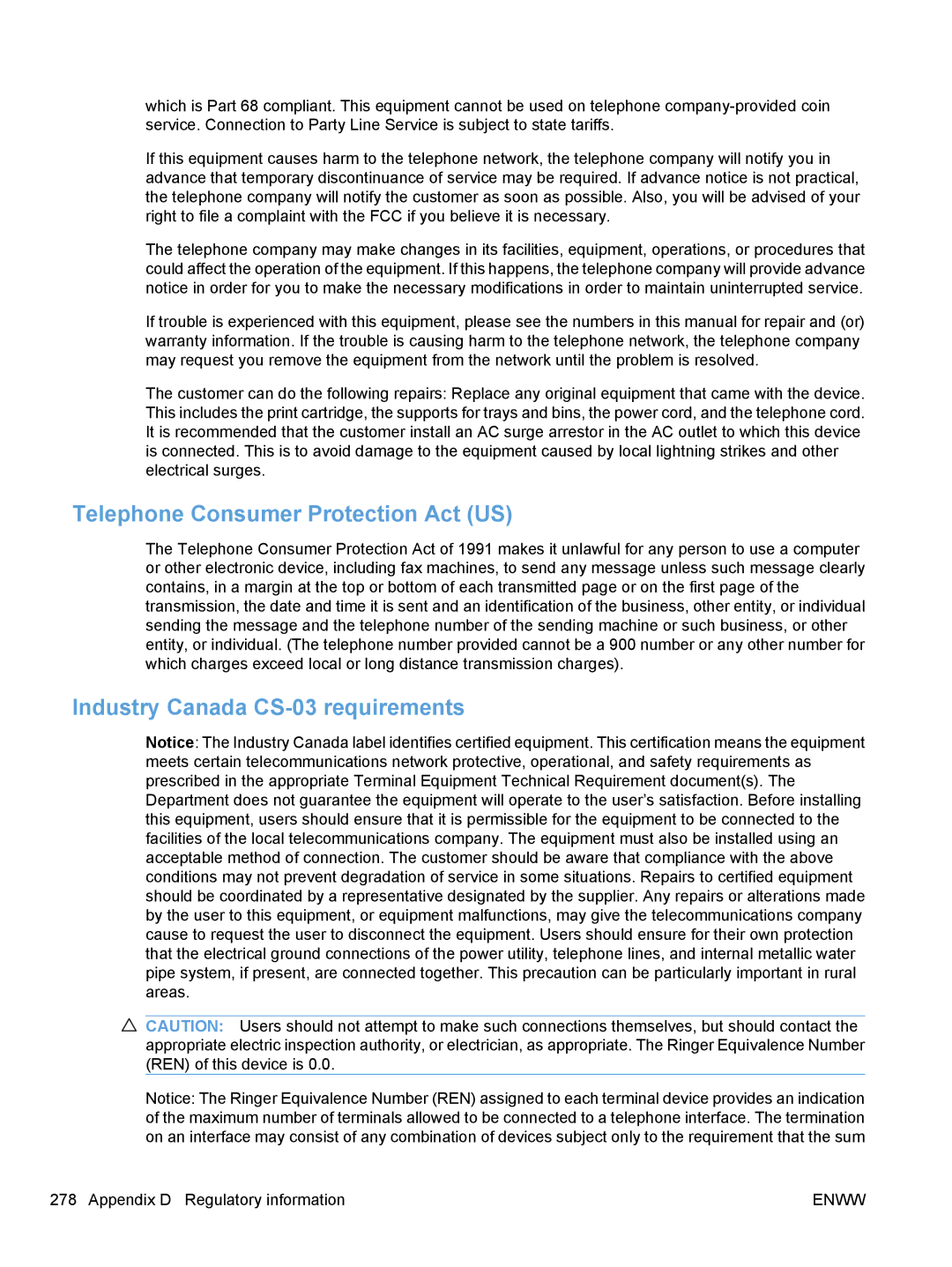 HP CM1410, CE862A manual Telephone Consumer Protection Act US, Industry Canada CS-03 requirements 