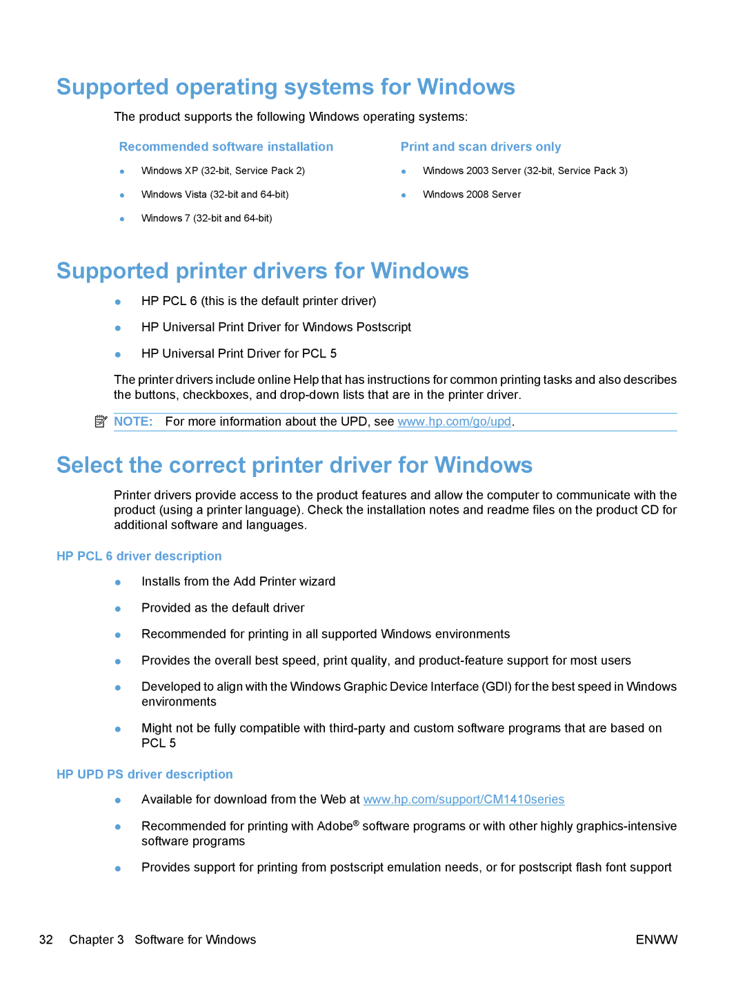 HP CM1410 Supported operating systems for Windows, Supported printer drivers for Windows, HP PCL 6 driver description 