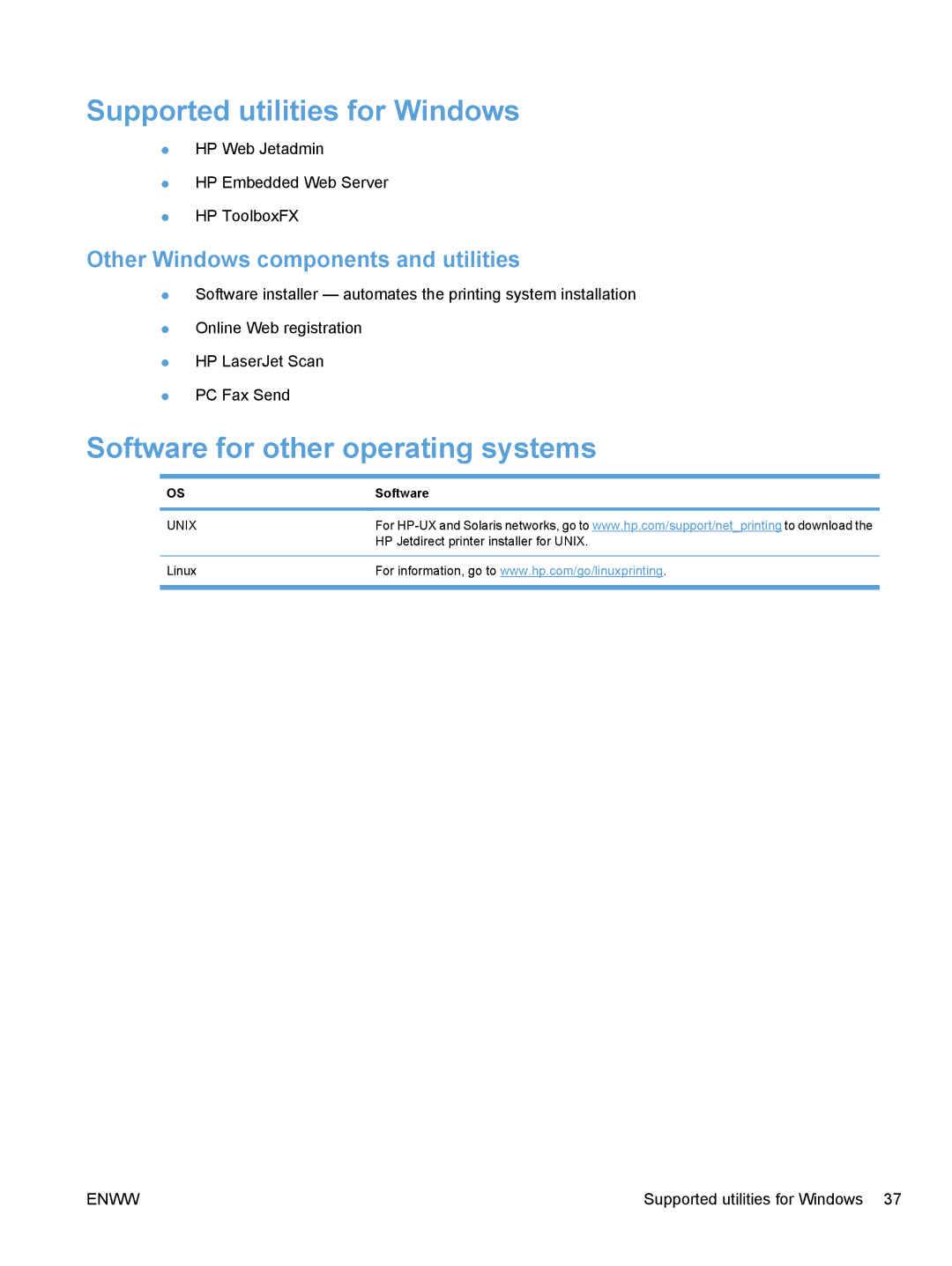 HP CE862A Supported utilities for Windows, Software for other operating systems, Other Windows components and utilities 