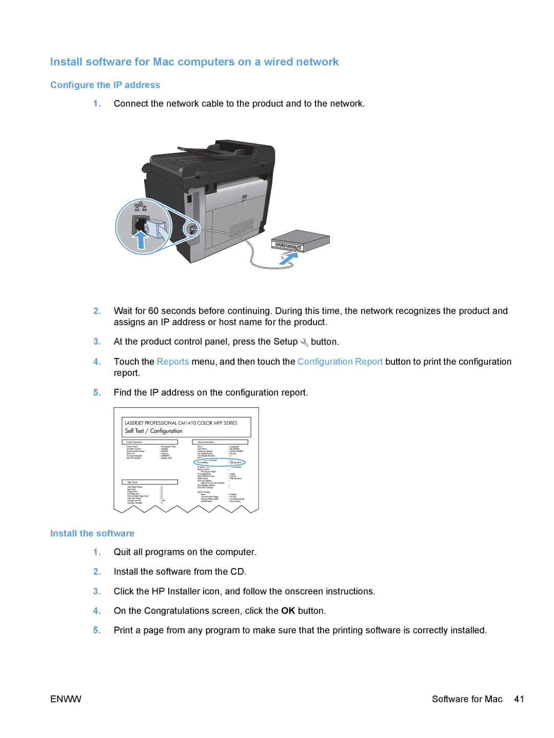 HP CE862A, CM1410 Install software for Mac computers on a wired network, Configure the IP address, Install the software 