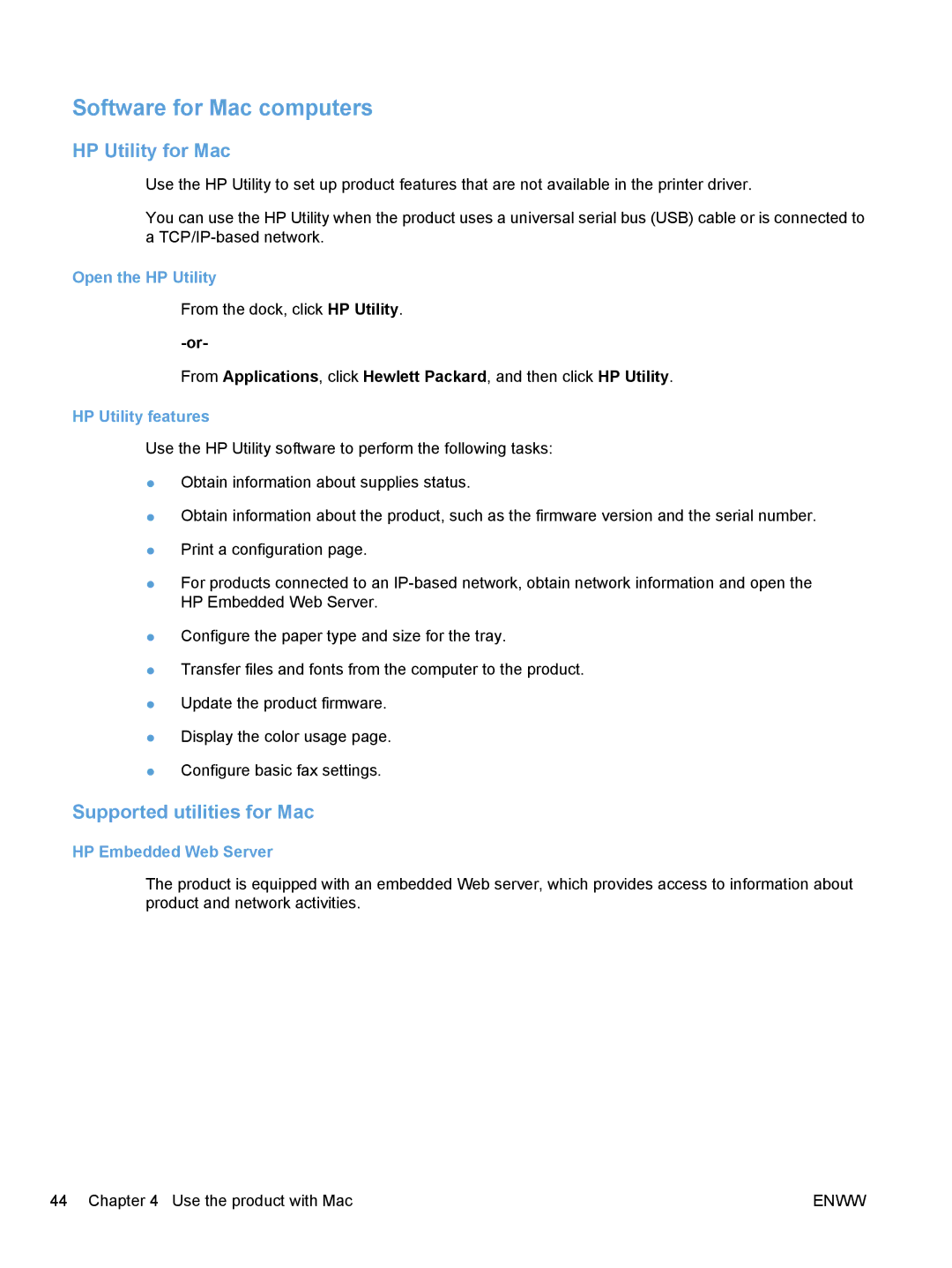 HP CM1410, CE862A manual Software for Mac computers, HP Utility for Mac, Supported utilities for Mac 