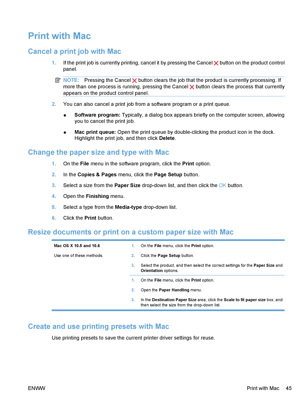 HP CE862A, CM1410 manual Print with Mac, Cancel a print job with Mac, Change the paper size and type with Mac 