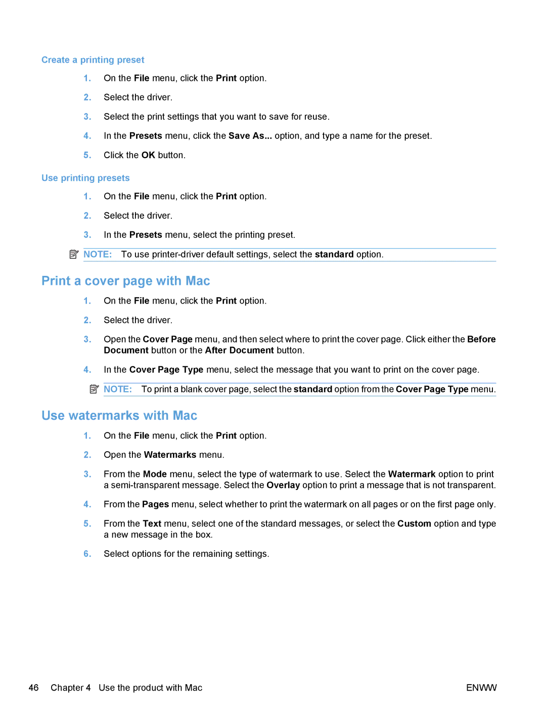HP CM1410, CE862A Print a cover page with Mac, Use watermarks with Mac, Create a printing preset, Use printing presets 
