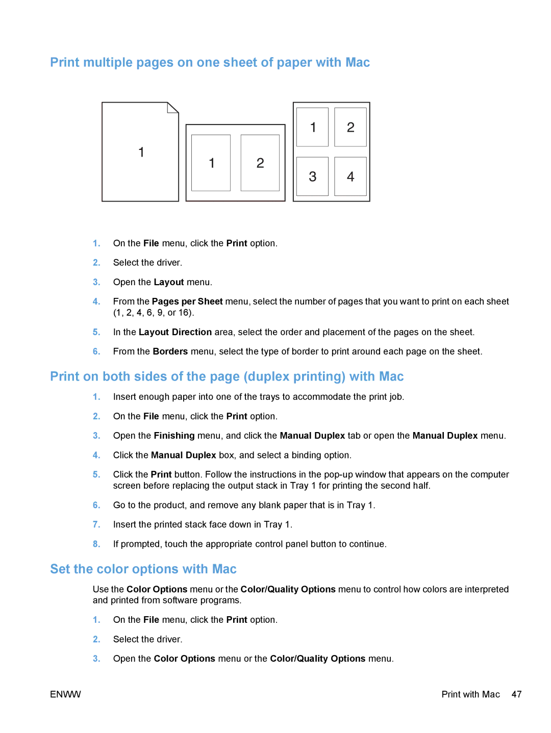 HP CE862A Print multiple pages on one sheet of paper with Mac, Print on both sides of the page duplex printing with Mac 