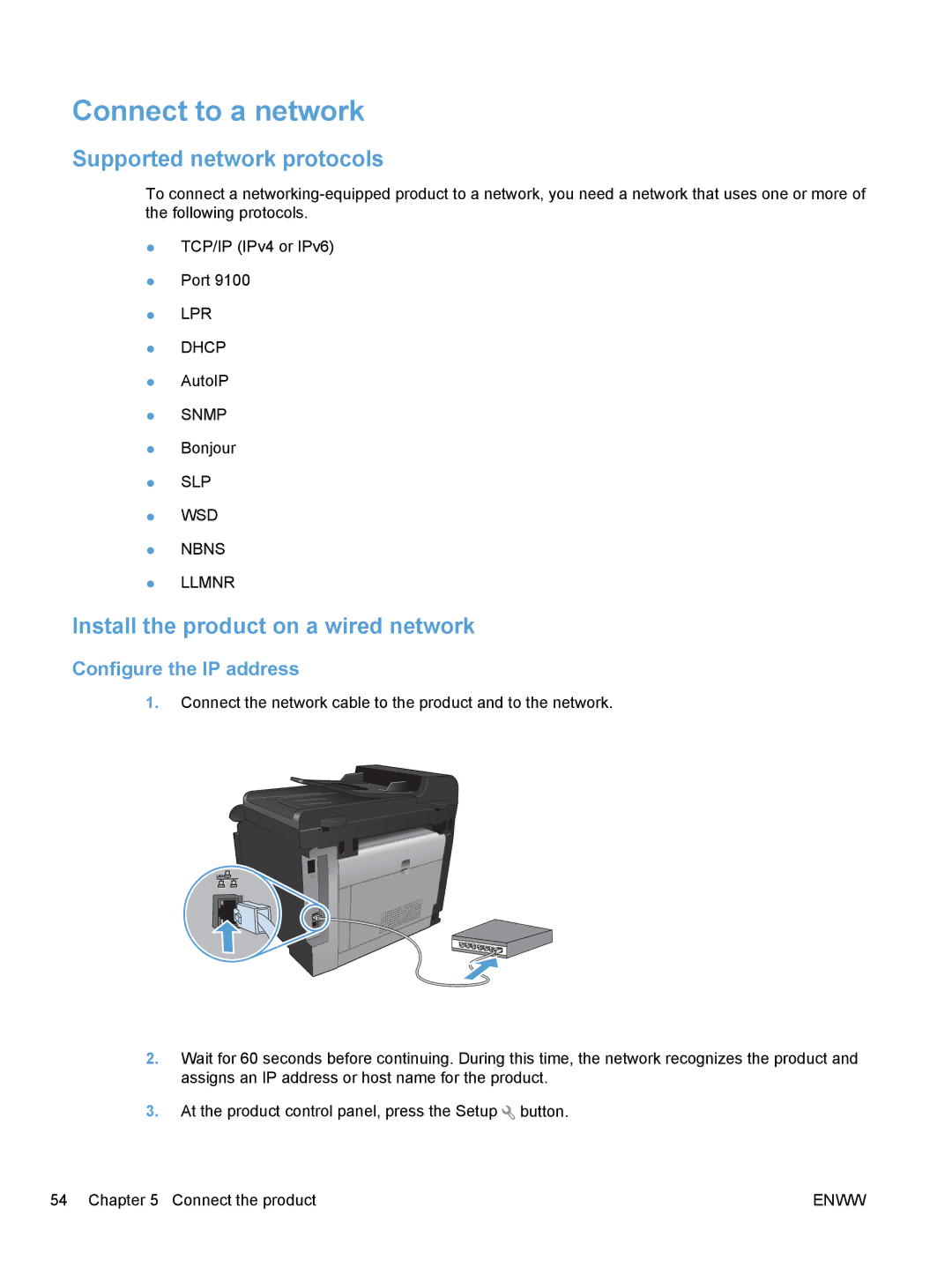 HP CM1410, CE862A manual Connect to a network, Supported network protocols, Install the product on a wired network 