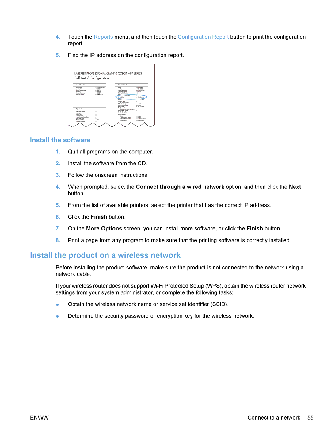 HP CE862A, CM1410 manual Install the product on a wireless network, Install the software 