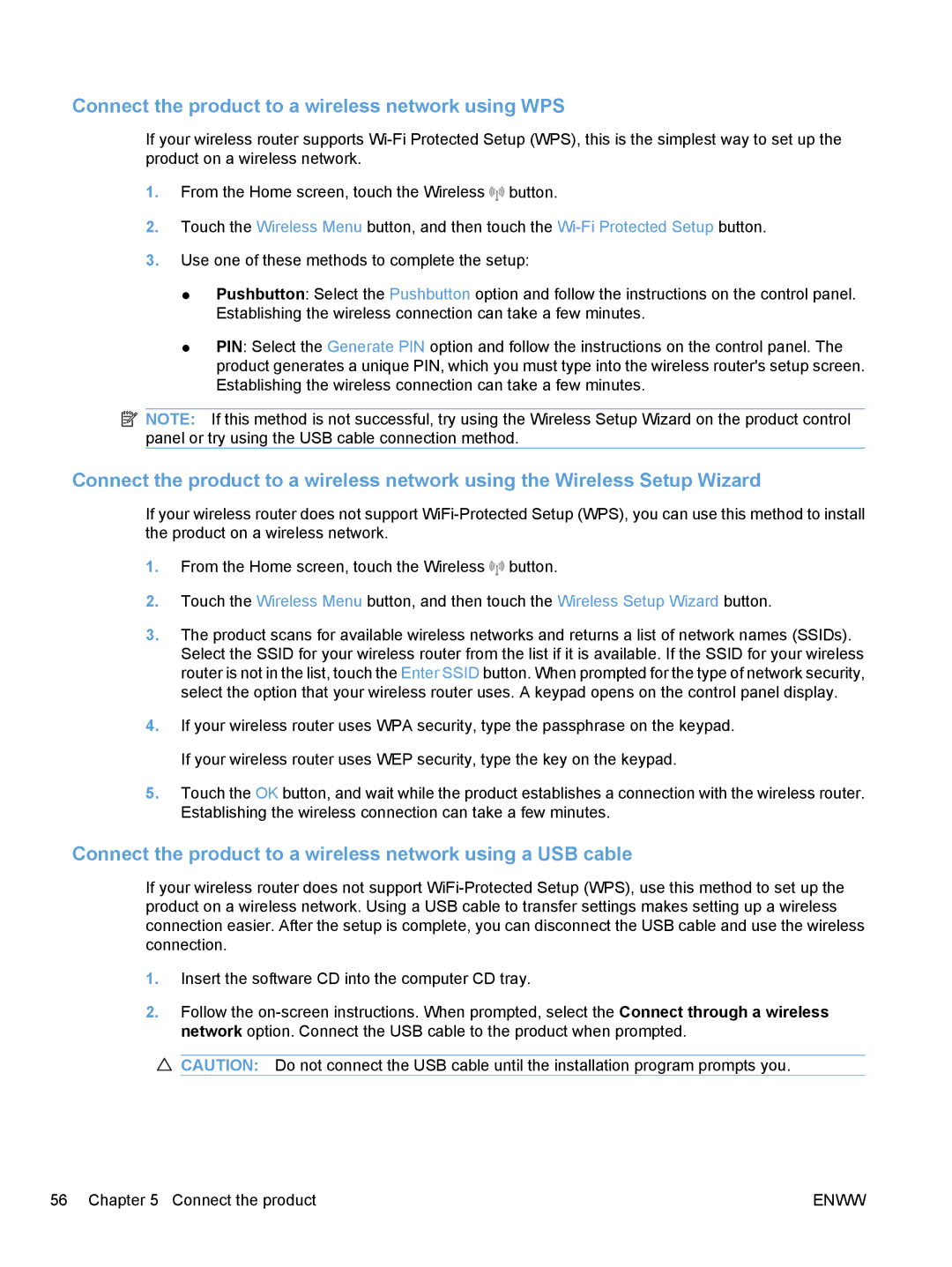 HP CM1410 Connect the product to a wireless network using WPS, Connect the product to a wireless network using a USB cable 