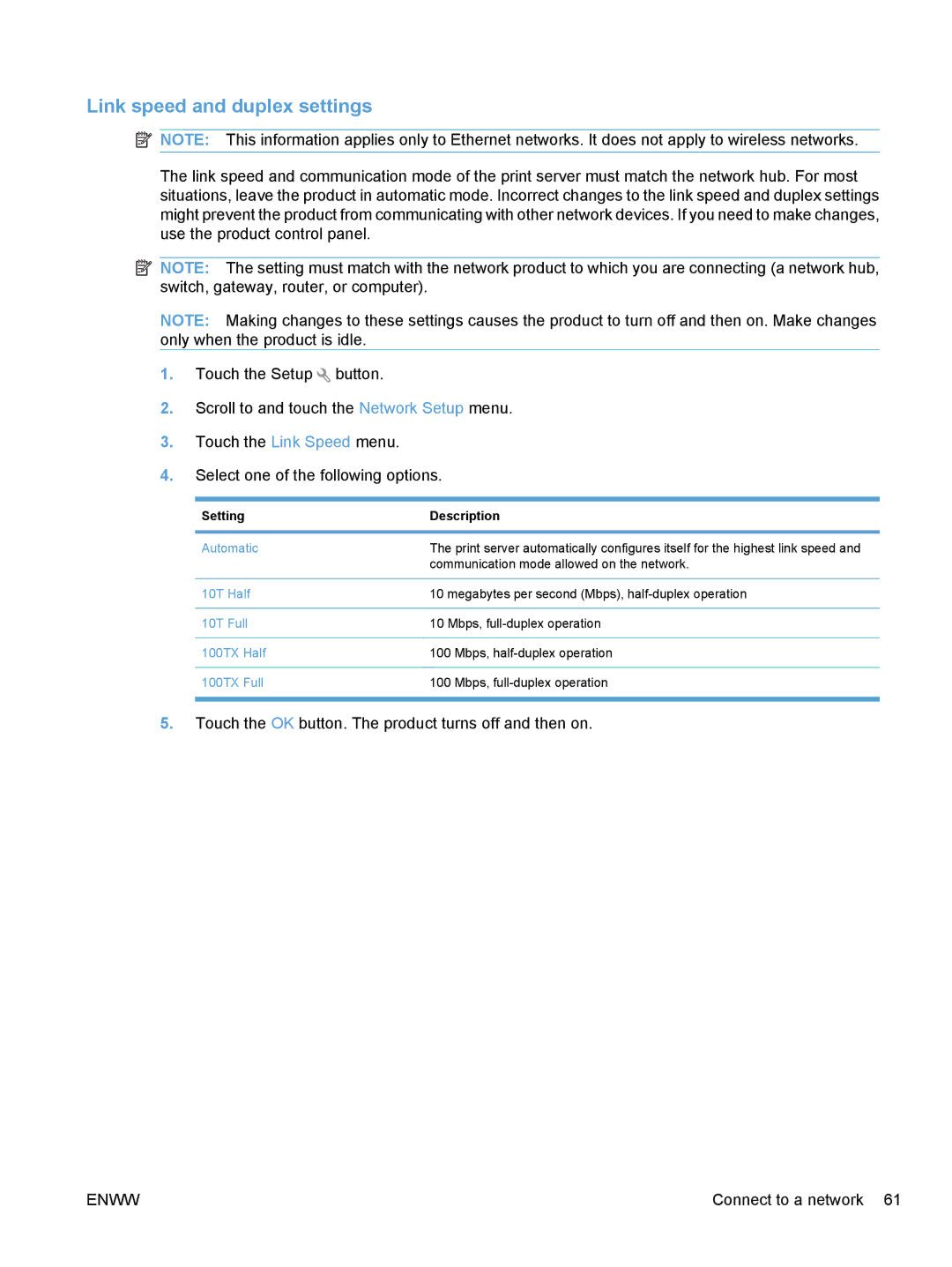 HP CE862A, CM1410 manual Link speed and duplex settings, Setting Description 