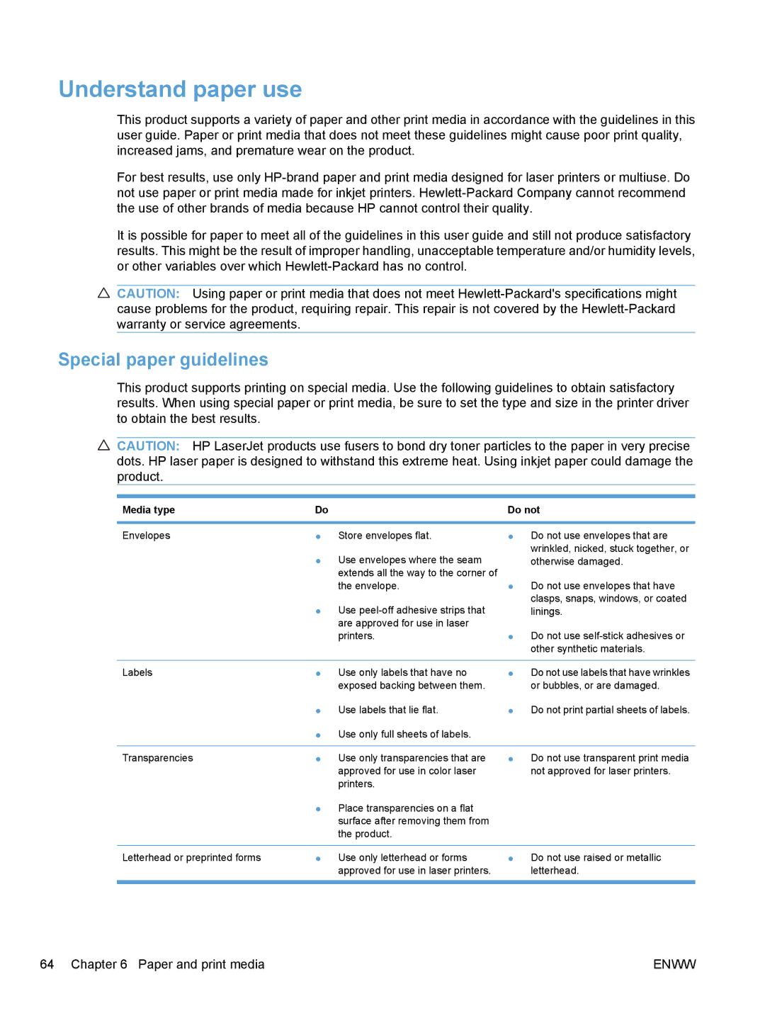 HP CM1410, CE862A manual Understand paper use, Special paper guidelines, Media type 