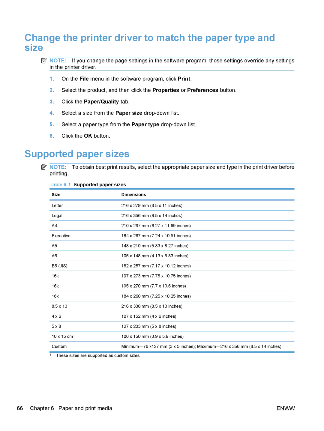 HP CM1410, CE862A manual Change the printer driver to match the paper type and size, Supported paper sizes, Size Dimensions 