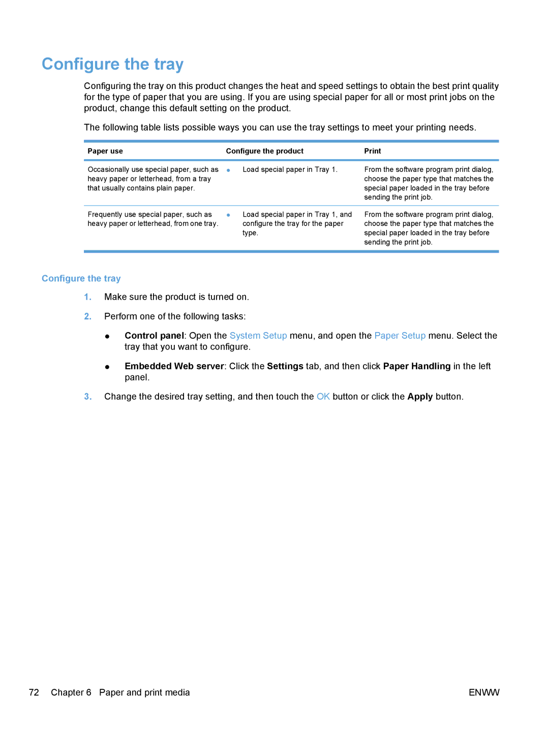 HP CM1410, CE862A manual Configure the tray, Paper use Configure the product Print 