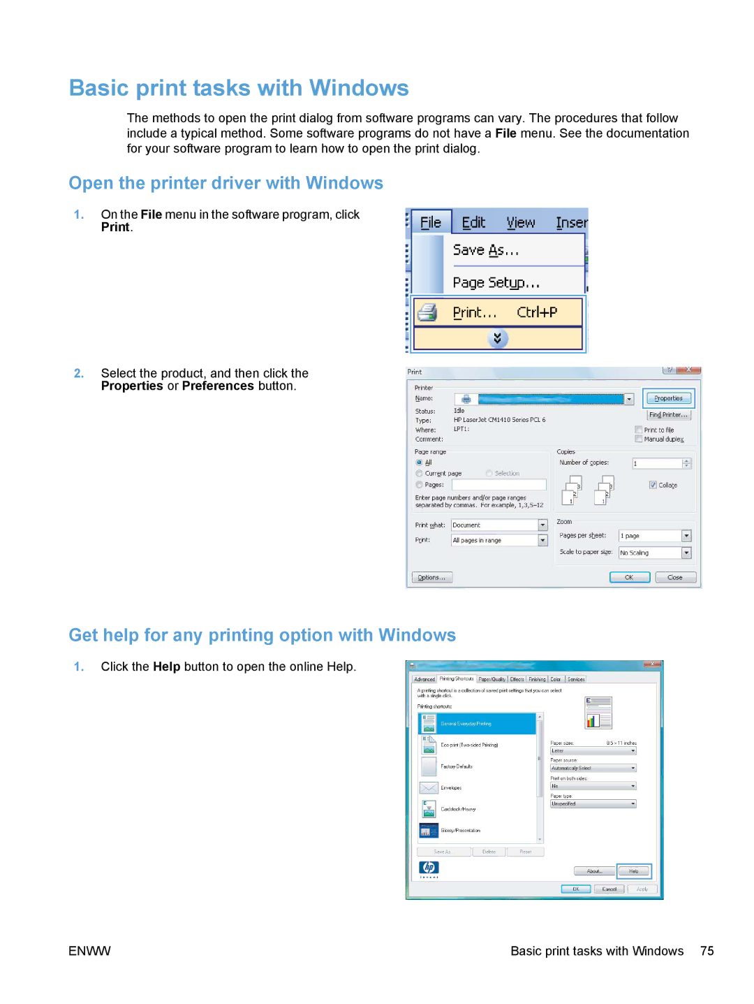 HP CE862A, CM1410 manual Basic print tasks with Windows, Open the printer driver with Windows 