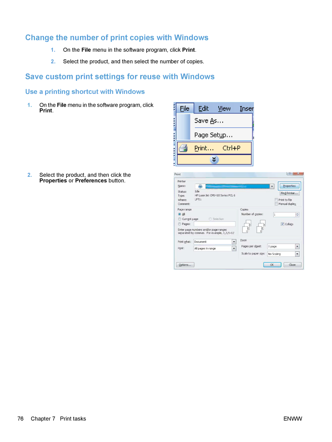 HP CM1410, CE862A manual Change the number of print copies with Windows, Save custom print settings for reuse with Windows 