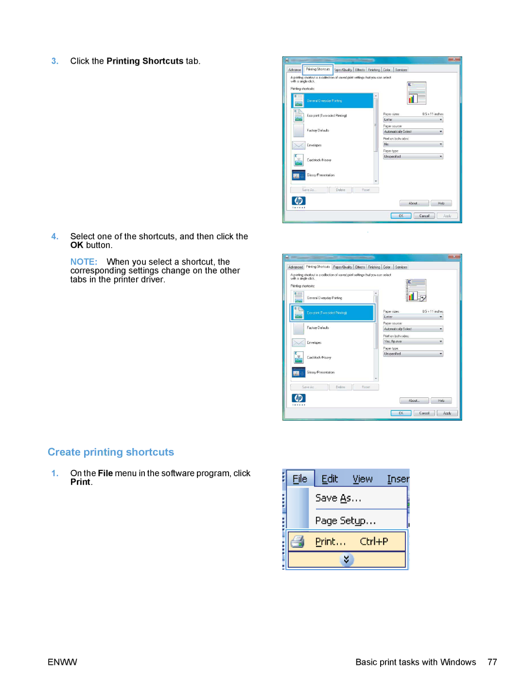 HP CE862A, CM1410 manual Create printing shortcuts 