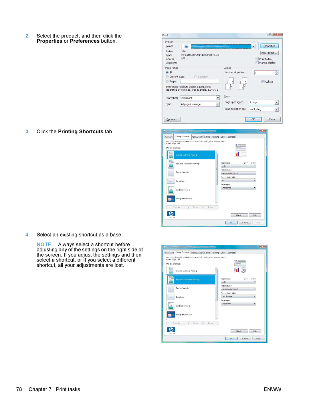 HP CM1410, CE862A manual Select an existing shortcut as a base Print tasks 