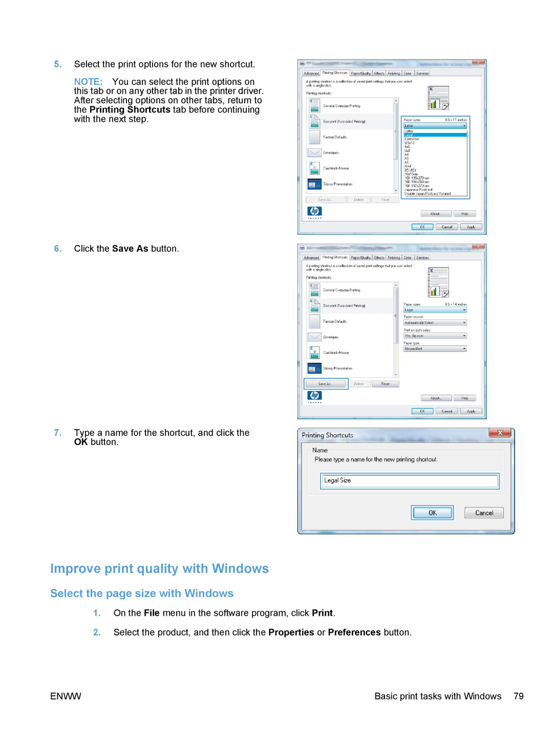 HP CE862A, CM1410 manual Improve print quality with Windows, Select the page size with Windows 