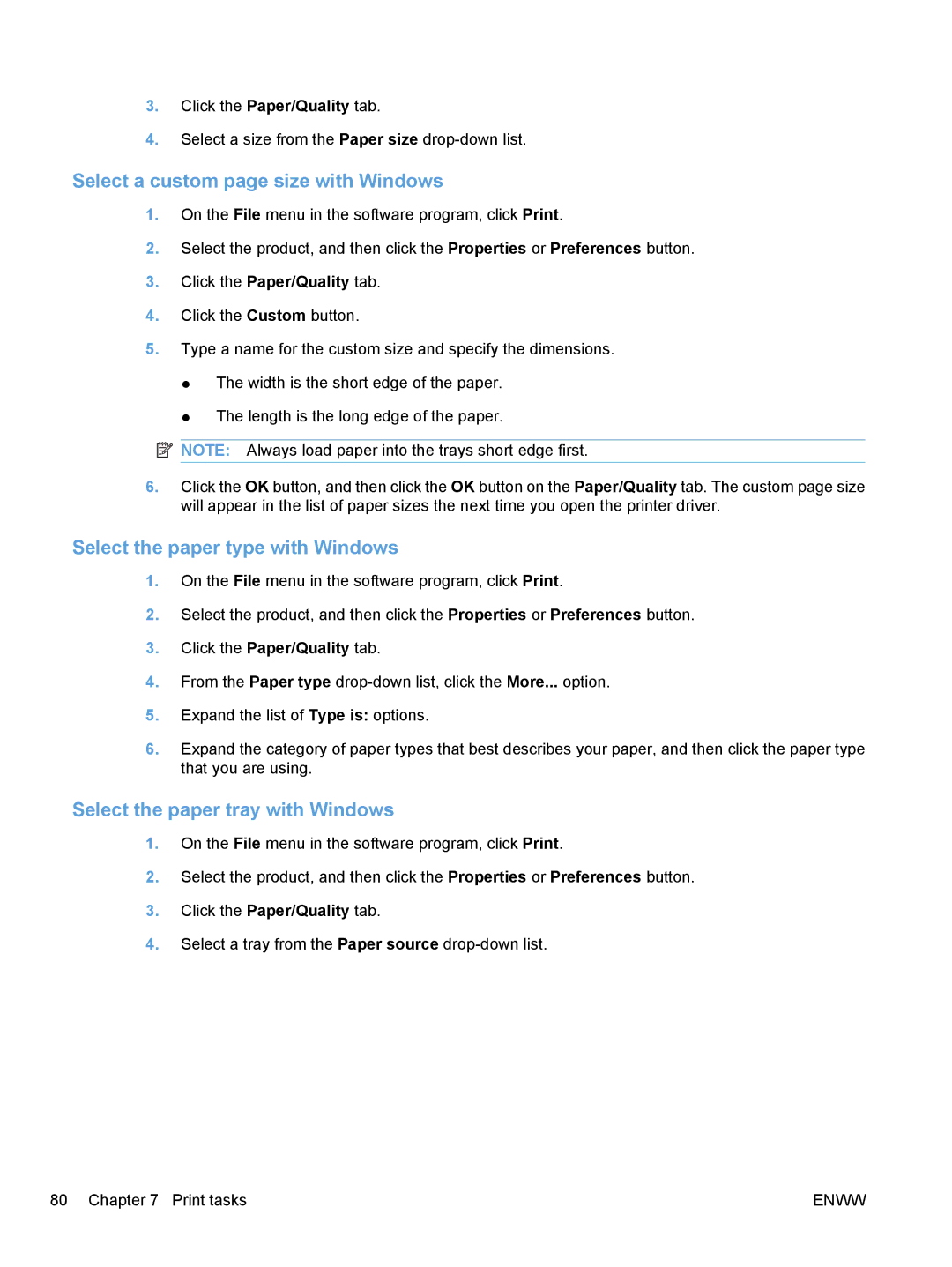 HP CM1410 Select a custom page size with Windows, Select the paper type with Windows, Select the paper tray with Windows 