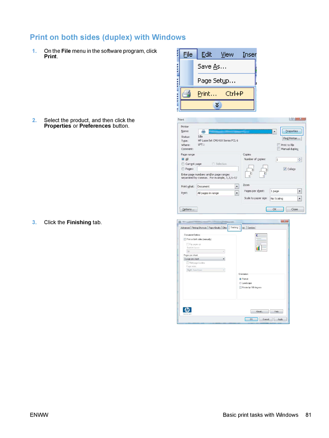 HP CE862A, CM1410 manual Print on both sides duplex with Windows 